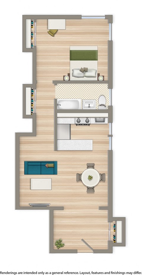 Floor plan for 1 bed, 1 bath, 570 sqft